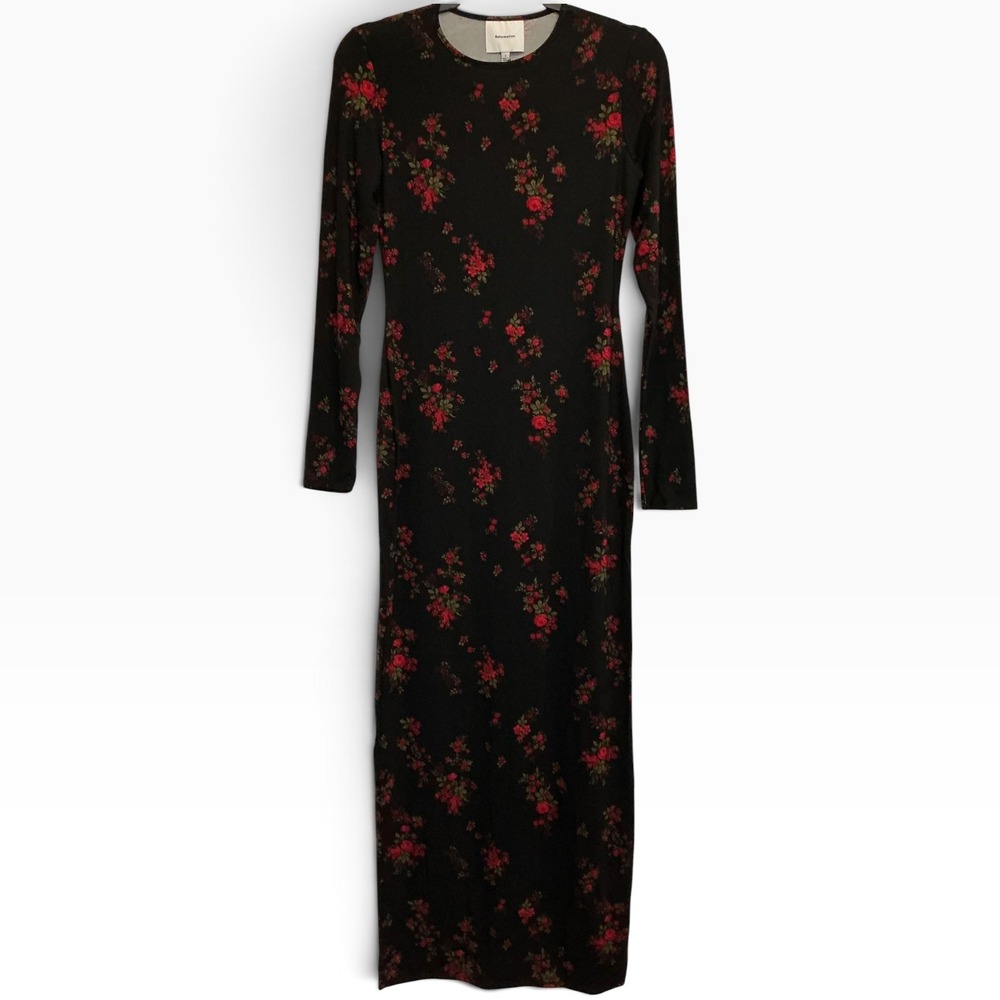 Reformation Robbie Knit Maxi Dress Black Red Floral Rose Long Sleeve Small NEW